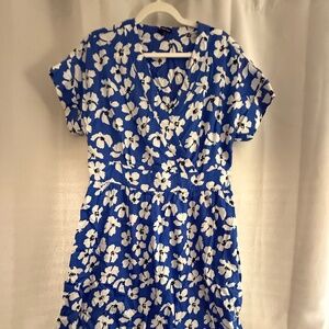 Who What Wear Floral Midi Dress - Blue & White, Size L, with Pockets and Sash